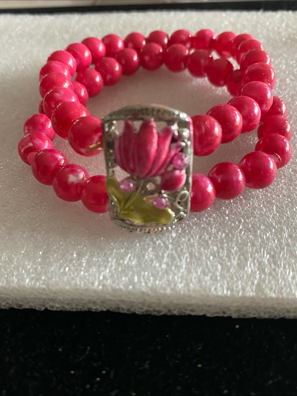 Bright Pink Beaded Double-Wrap Bracelet with Floral Enamel Charm
